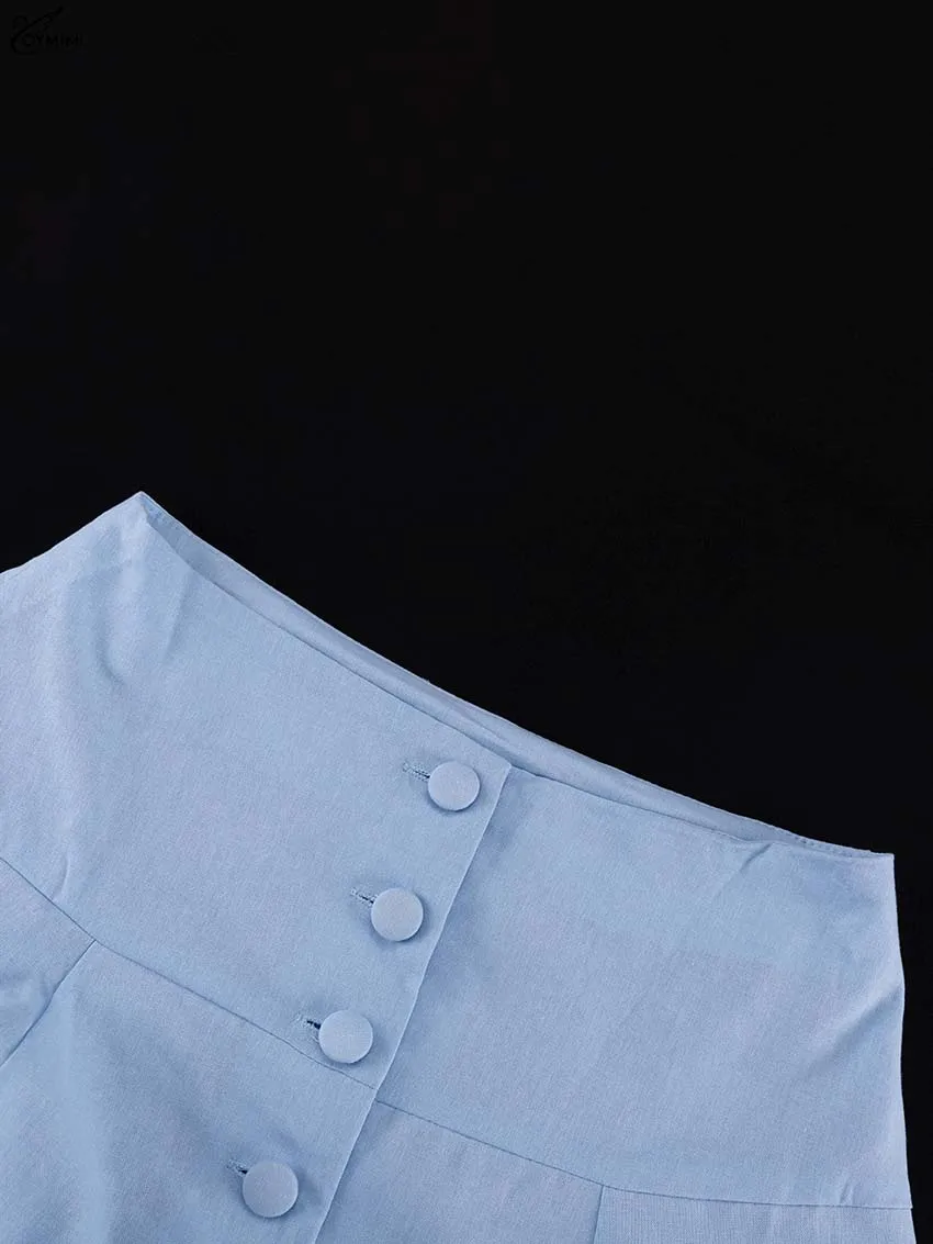 Oymimi Elegant Blue Cotton 2 Pieces Set For Woman Fashion O-Neck Short Sleeve Button Shirts And High Waist Mid-Calf Skirts Sets