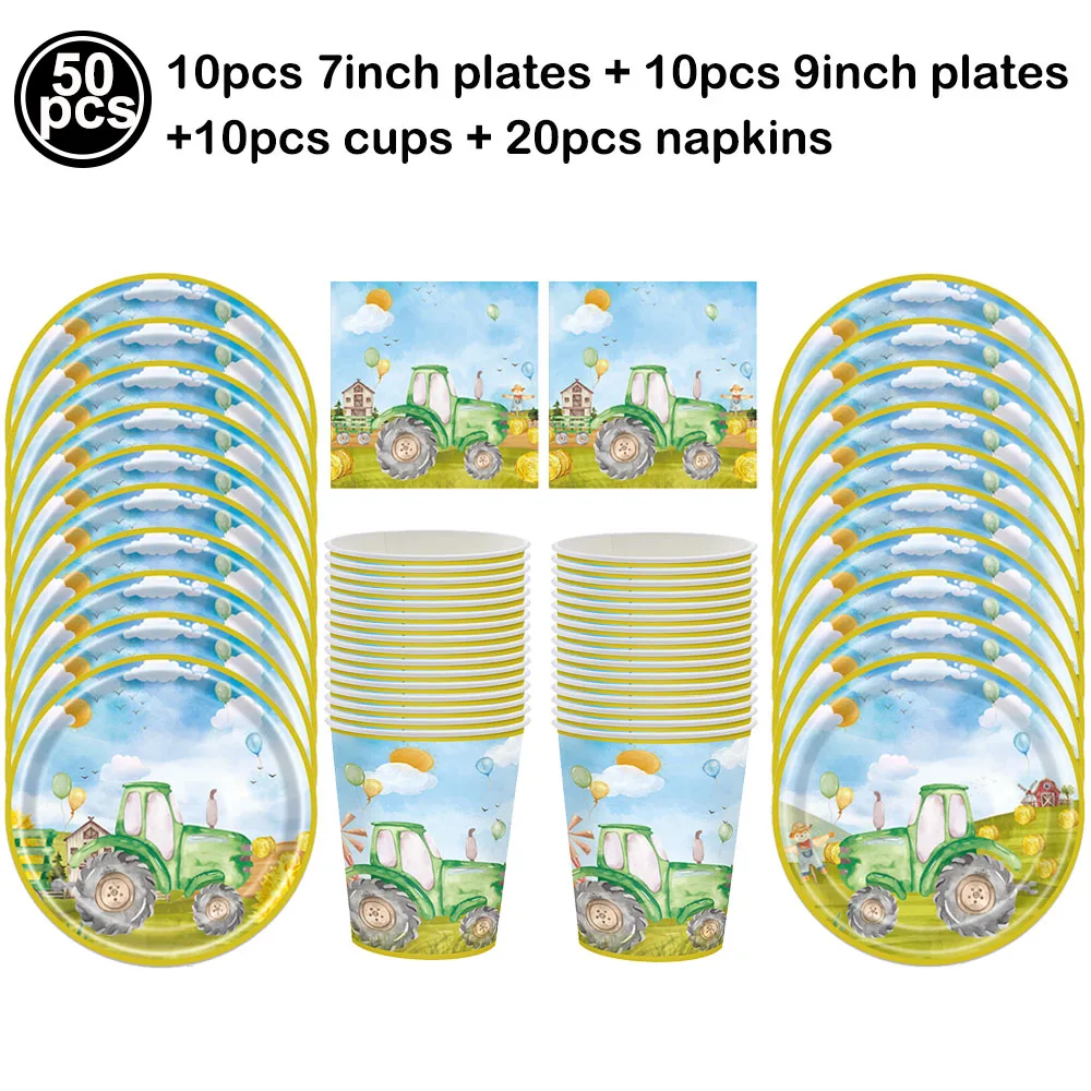 Farm Tractor Party Decor Set - Tableware, Napkins, Tablecloth, Banner, Balloons & Cake Topper