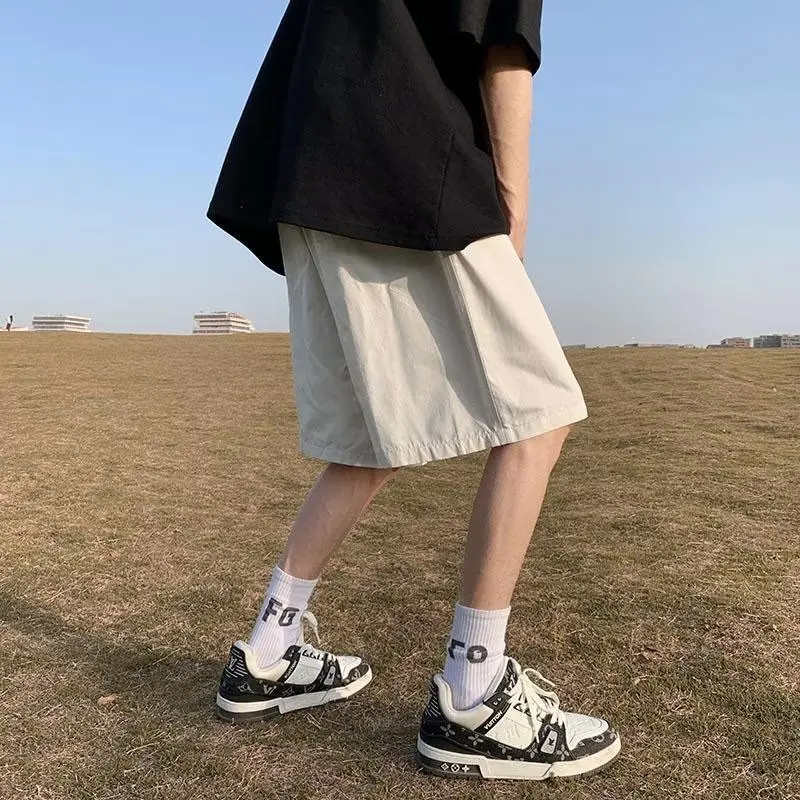 Khaki Color Fashion Loose Workwear Men 2024 Summer Motion Drawstring Casual High Street Straight Cylinder Solid Color Shorts