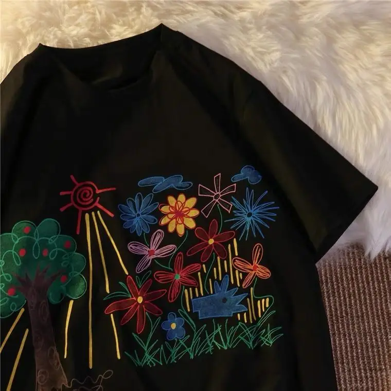 Streetwear Women's T Shirt Oversized T-shirt Beautiful Flower Print Short Sleeve Casual Tops Black Women TShirt Punk Clothes Y2k