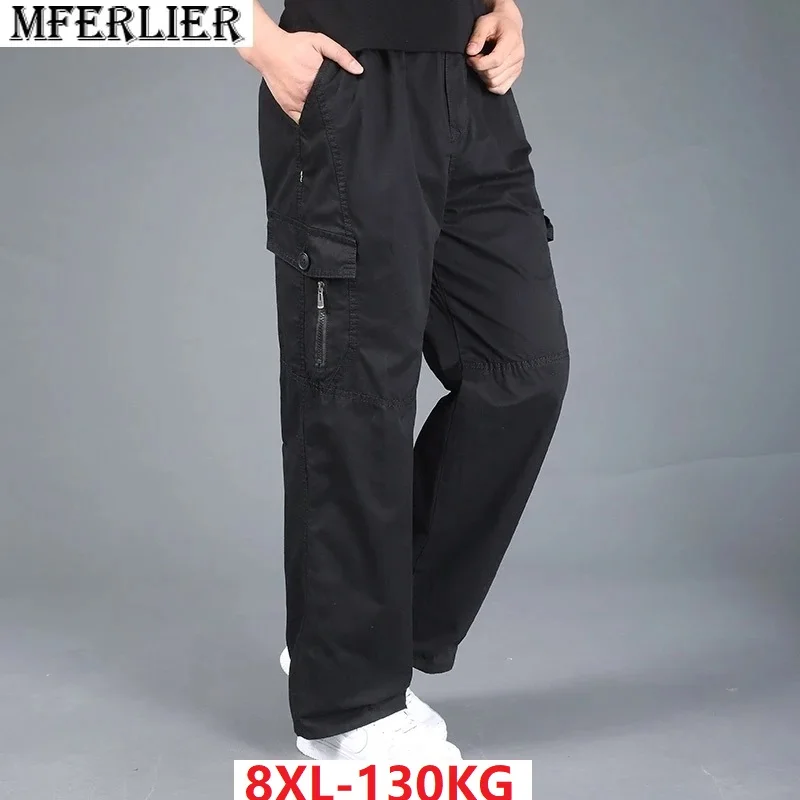 Plus Size 8XL 140kg Spring Men Cargo Pants Cotton Pockets Zipper Outdoor Casual Straight Pants