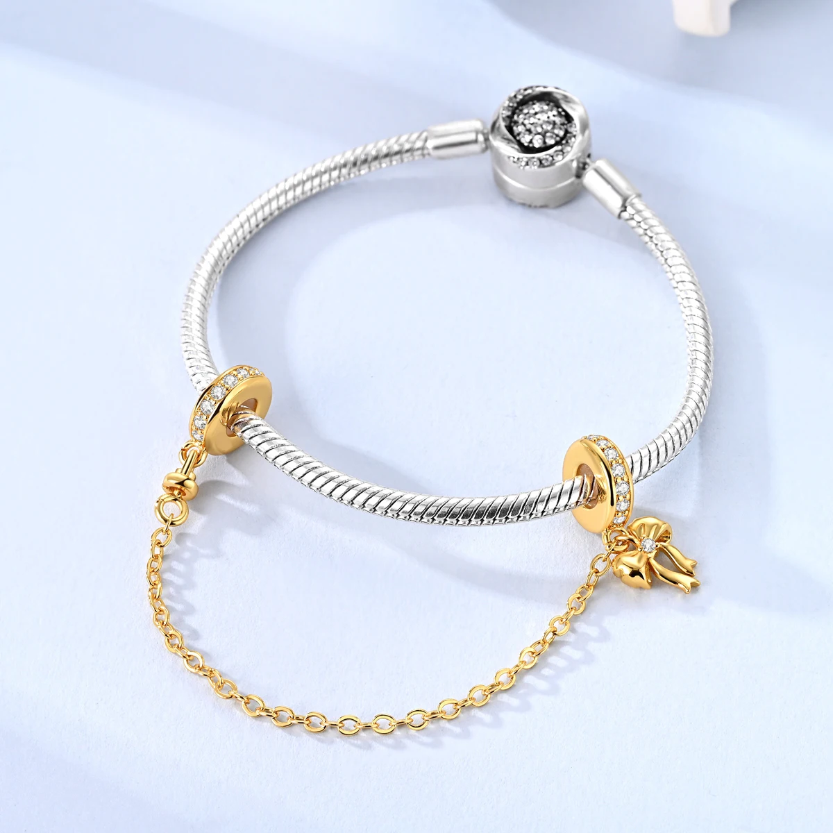  골드 보우 안전 체인 참 클리어 CZ 걸리 댕글 비즈 팔찌 목걸이 여성용 DIY 쥬얼리 선물