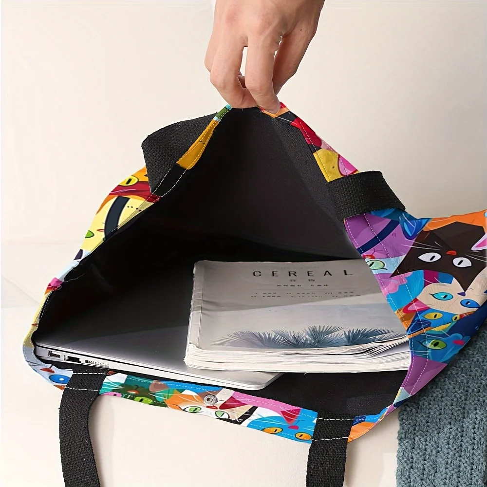 Colorful kitten printed casual handbag, reusable fashionable backpack, multifunctional handbag, printed canvas shopping bag