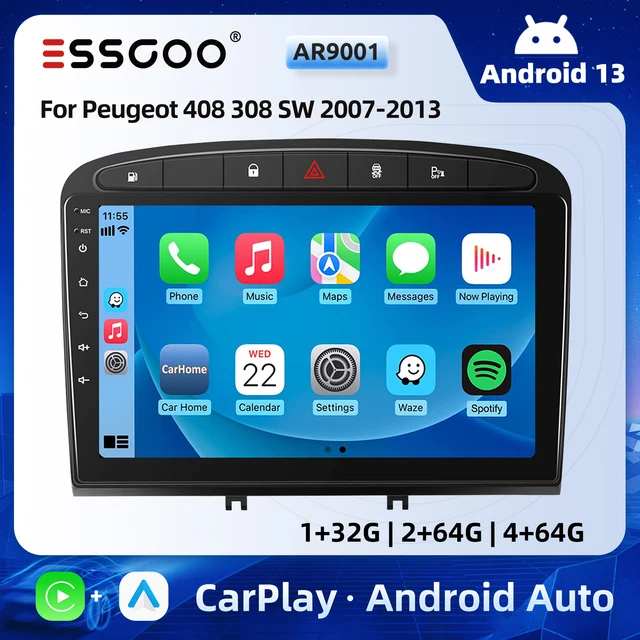 ESSGOO 9" Carplay Car Stereo Multimedia Player Radio Android 13 GPS Navigation Wifi BT RDS FM For Peugeot 408 308 SW 2007-2013