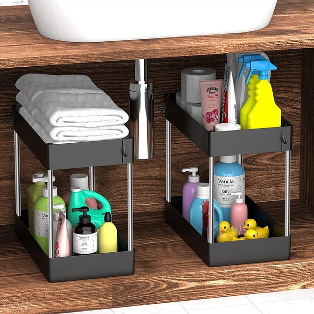 Estante de almacenamiento telescópico de 2 niveles para baño, organizador  debajo del fregadero para champú, detergente, armario para cocina,  especias, cajón - AliExpress