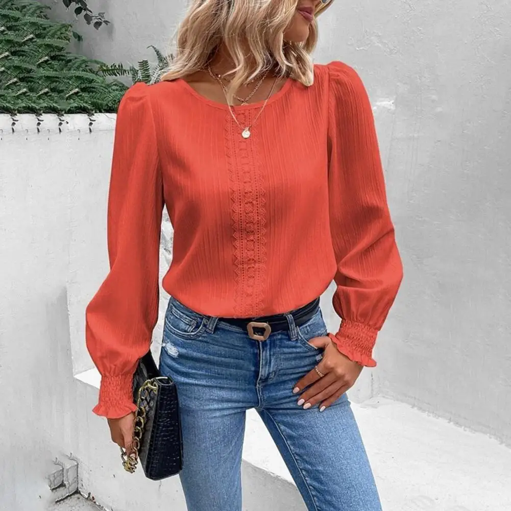 

Women Fall Spring Top Elastic Shirring Cuff Round Neck Loose Lace Patchwork Solid Color OL Commute Style Long Sleeve Soft Lady B
