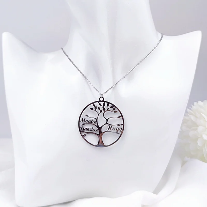 

Custom 1-6 Names Tree of Life Women Necklace Personalised Round Pendant Men gold Stainless Steel Necklace Jewelry Christmas Gift
