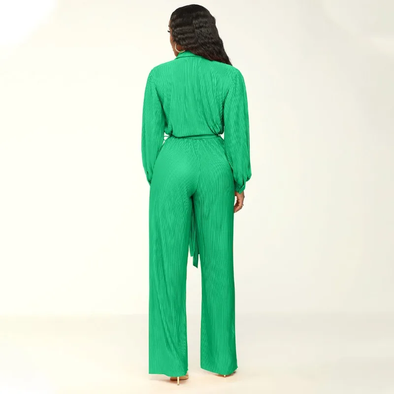 2023 Fall Winter Solid Pleated Loose Jumpsuit with Belt Women Turn Down Collar Long Sleeve Buttons Romper Wide Leg Pants Overall