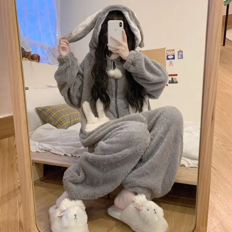 버니 후드 원지 여성용 키구루미 잠옷, 귀여운 잠옷, 겨울 따뜻한 잠옷, 카와이 여성 잠옷, 회색 점프수트 잠옷 잠옷세트 파자마 신상여성잠옷 여성잠옷 수면잠옷 홈웨어 겨울수면잠옷 겨울잠옷 잠옷 세트 원피스 잠