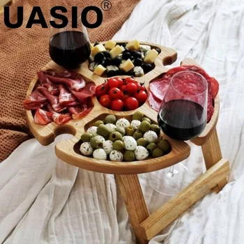 나무 접는 피크닉 테이블 휴대용 야외 2 1 와인 유리 홀더 Stemware 스토리지 랙 캠핑 테이블 정원 가구