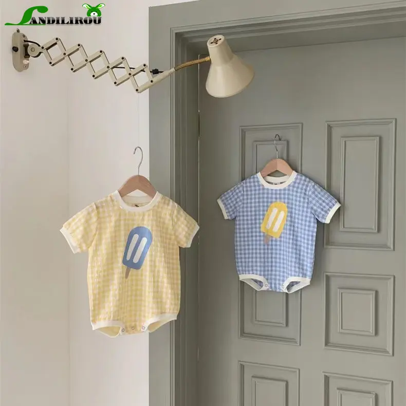 

Bodysuits 유아복 Newborn Baby Girls Boys Short Sleeve Plaid Ice Cream Print Jumpsuits Toddler Cotton Thin Clothing Infant Kids