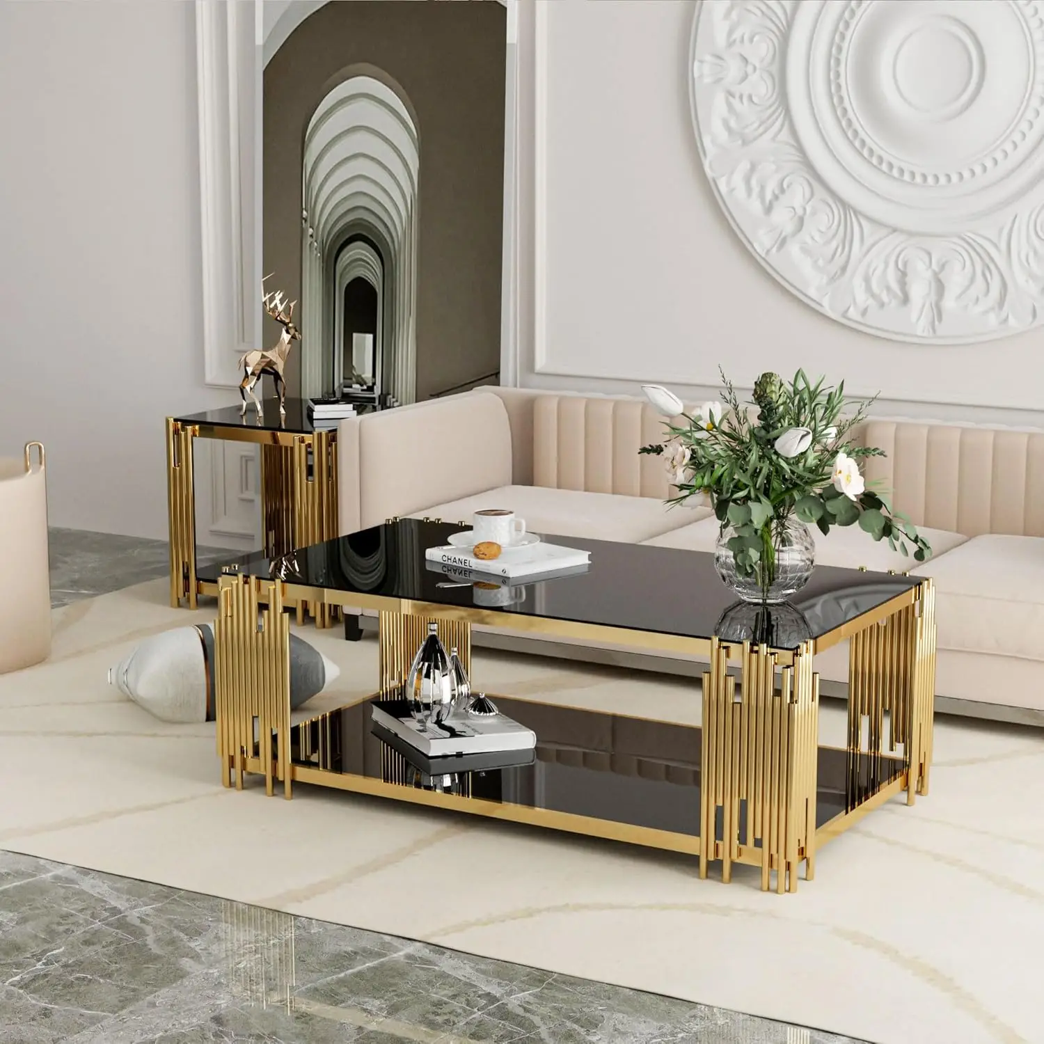 Glass Coffee Table Living Room Table Gold Stainless Steel Metal Leg RectangularTempered Glass Center Table for Home Office 3