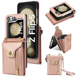 Leather Zipper Wallet Crossbody Phone Case with Card Holder for Galaxy Z Flip5 (Rose gold)
