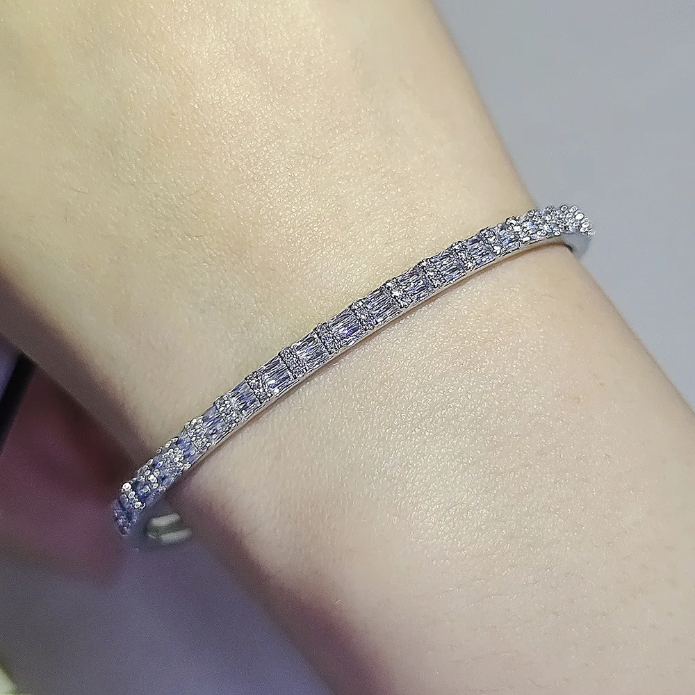 

2023 New Rectangle AAAAA Zircon Silver Color Princess Bracelet Bangle for Women Open Anniversary Gift Jewelry Wholesale