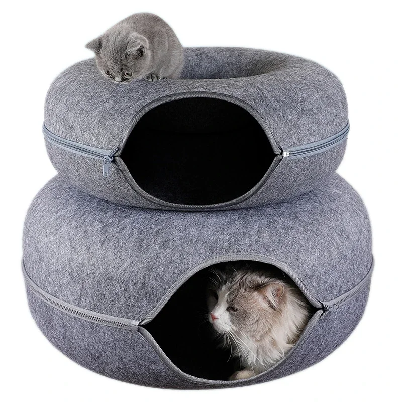 Donut Cat Tunnel Bed Pets House Natural Felt Pet C at Cave Interactive Toys Round Wool Felt Pet Bed Cat Training Toy House