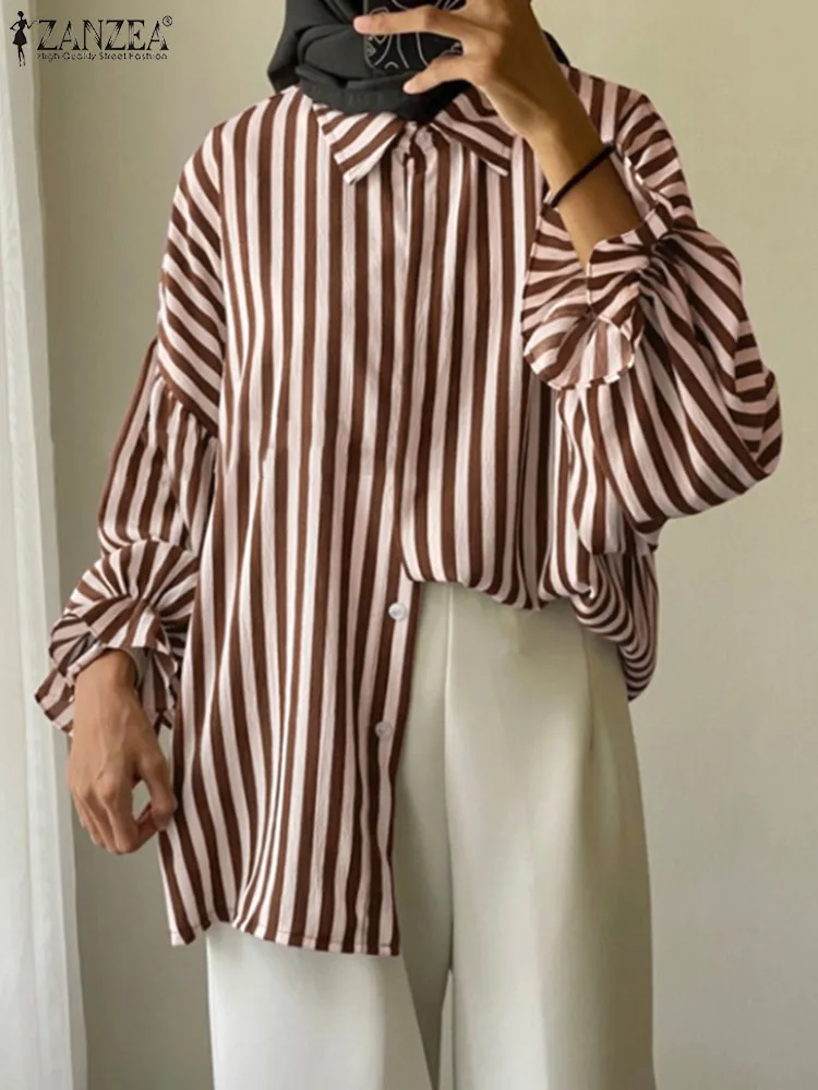 

2023 ZANZEA Fashion Puff Sleeve Muslim Blouse Woman Lapel Neck Printed Shirt Elegant Turkey Dubai Tops Vintage Islamic Clothing