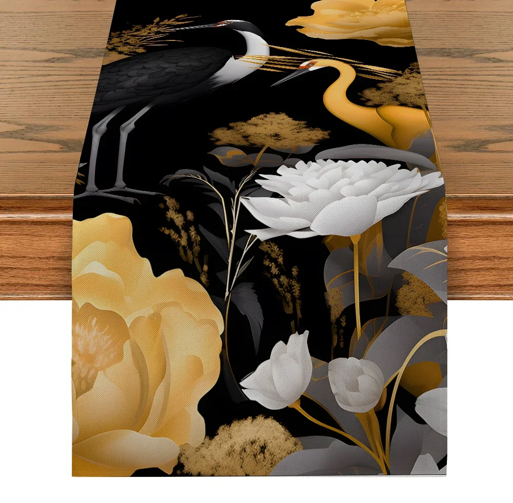 

Chinese Style Flying Crane Table Flag Landscape Black Gold Table Runner Restaurant Table Decoration