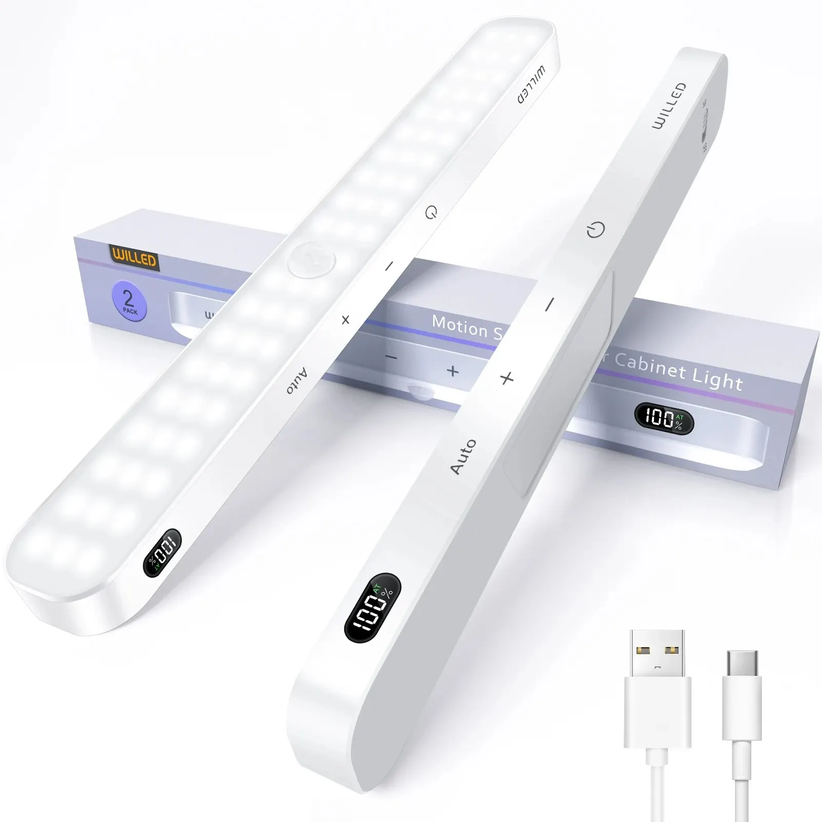 Luz de gabinete con Sensor de movimiento WILLED, pantalla de batería, barra de luz táctil de 60 LED, batería recargable inalámbrica, luz nocturna