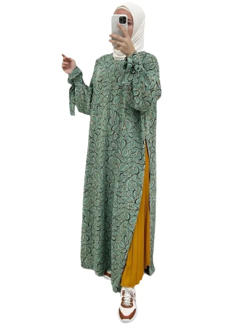 

Eid Muslim Dress for Women Abaya Morocco Ramadan Print Pleated Kaftan Islam Dubai Arab Modest Long Robe Vestidos Largo 2024