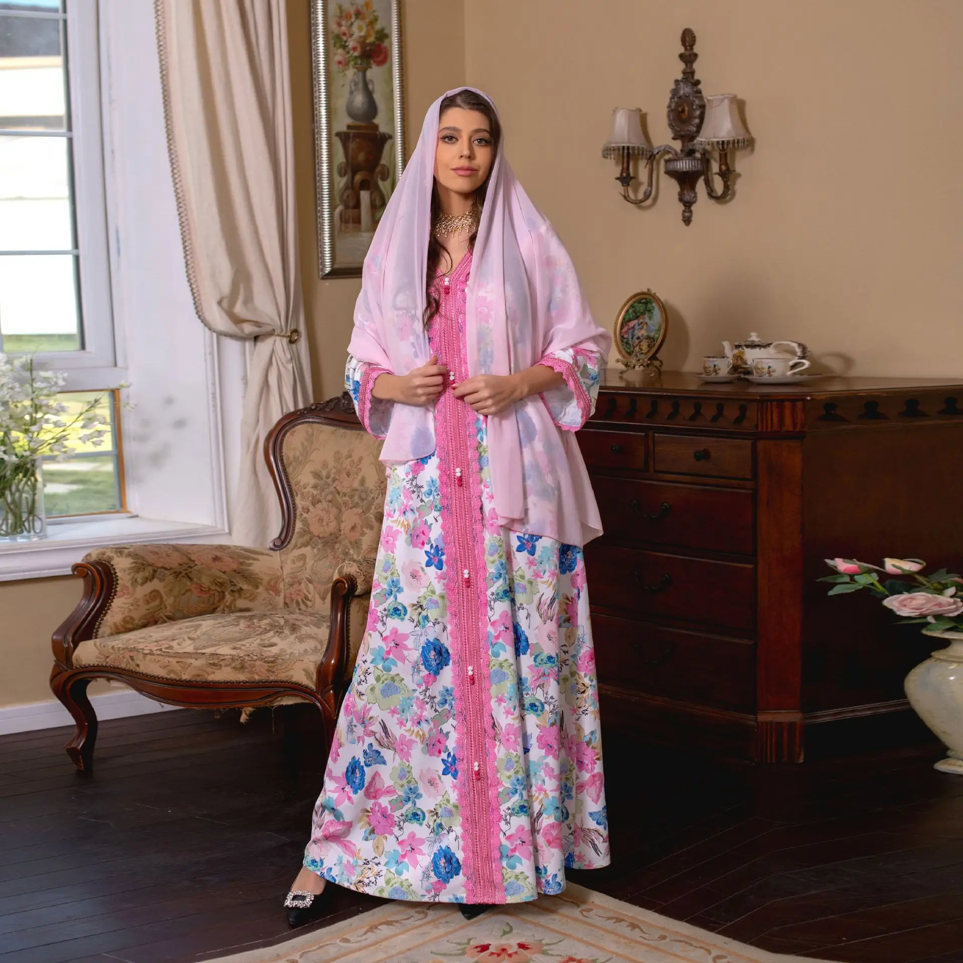 

Caftan Eid Abaya Dress Women Dubai New Flora Muslim Robe Islam Pakistan Moroccan Evening Party Scarf Dresses Ramadan Kaftan