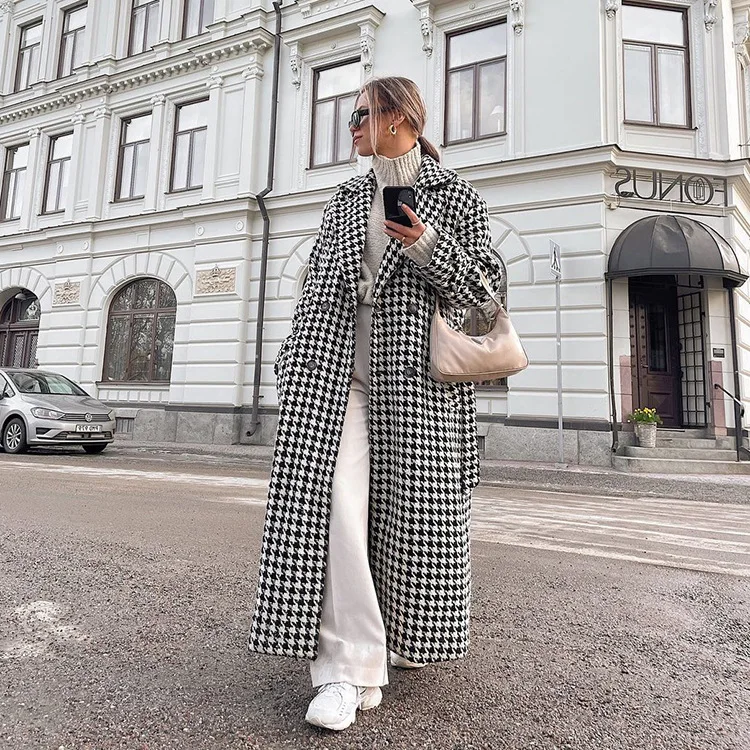 

Long Plaid Jacket Women Coat Autumn Winter Blends Classic Maxi Y2k Shacket with Pockets Wool Y2k Windbreaker Y2k Outwear Blends