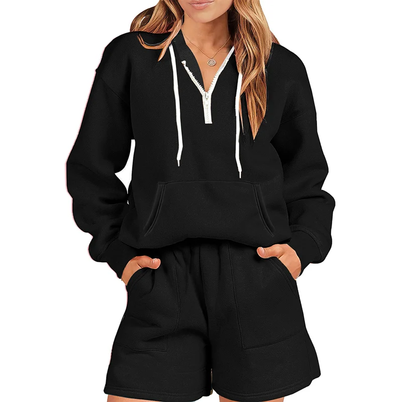 Women Sports Suits Autumn New Hoodie Solid Color Zipper Half Open Hooded Sweatshirt Double Pockets Shorts Thicken Two-piece Sets lordloar half zip up sweatshirt skyblue