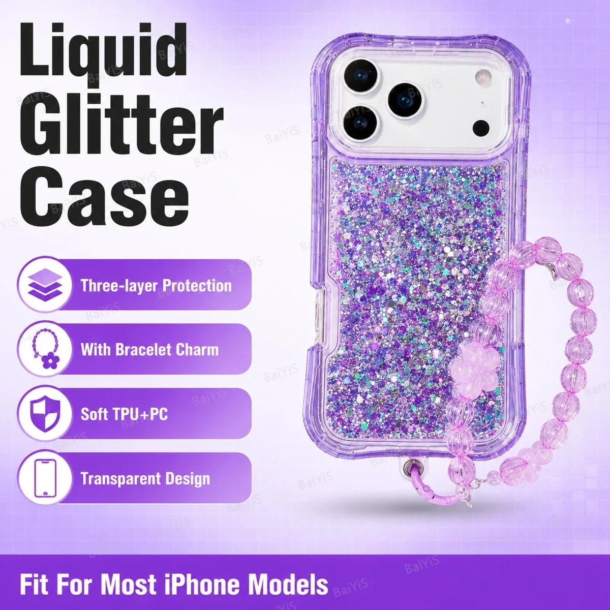 Luxury Bling Glitter Resin Chain Clear Phone Case with 3-Layer Protection and Lanyard