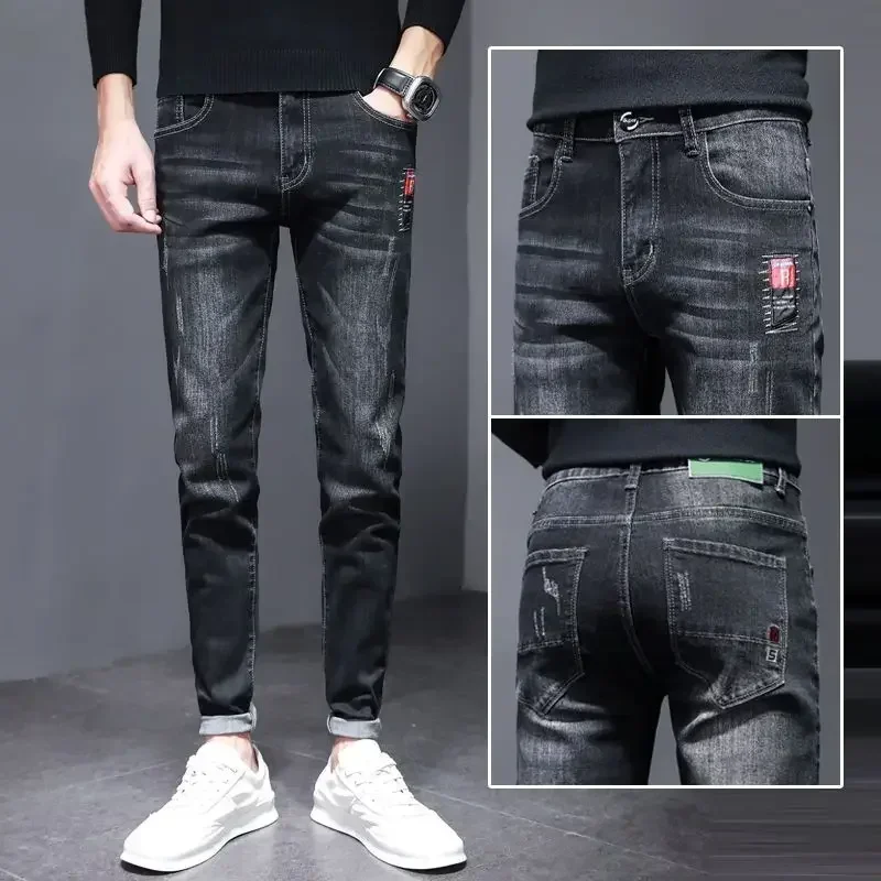 thumbnail image 1 of Pantalones vaqueros ajustados para hombre, pantalones vaqueros negros, pantalones casuales ajustados, elásticos, ajustados, estilo coreano, diseñador original, tallas XS, 1 of 5