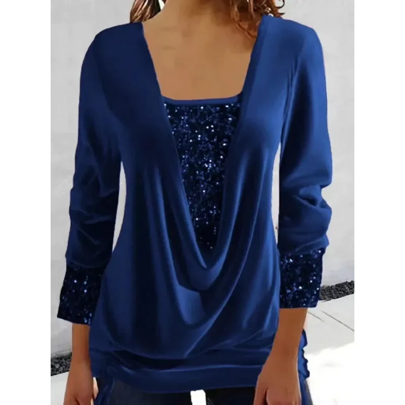

2023 New Spring Fashion Solid Color Large Pendant Neck Beaded Long Sleeve Temperament Casual Pleated Fake Two Piece Unique Top