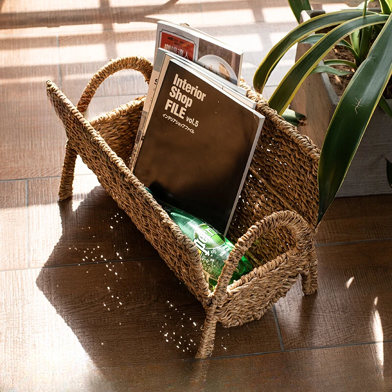 Nordic Design Handwoven Seagrass Floor Magazine Rack Living Room Small Bookshelf Storage Organizer Furniture Estanterias FYMR