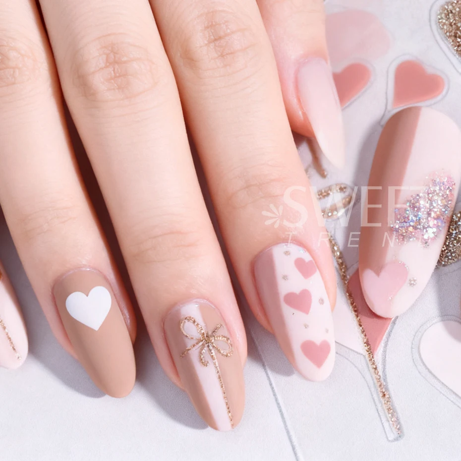 2/3pcs Glitter Love Heart Nail Stickers Pink White Heart-shaped Bow Adhesive Nail Decals DIY Valentine's Day Manicure Decoration
