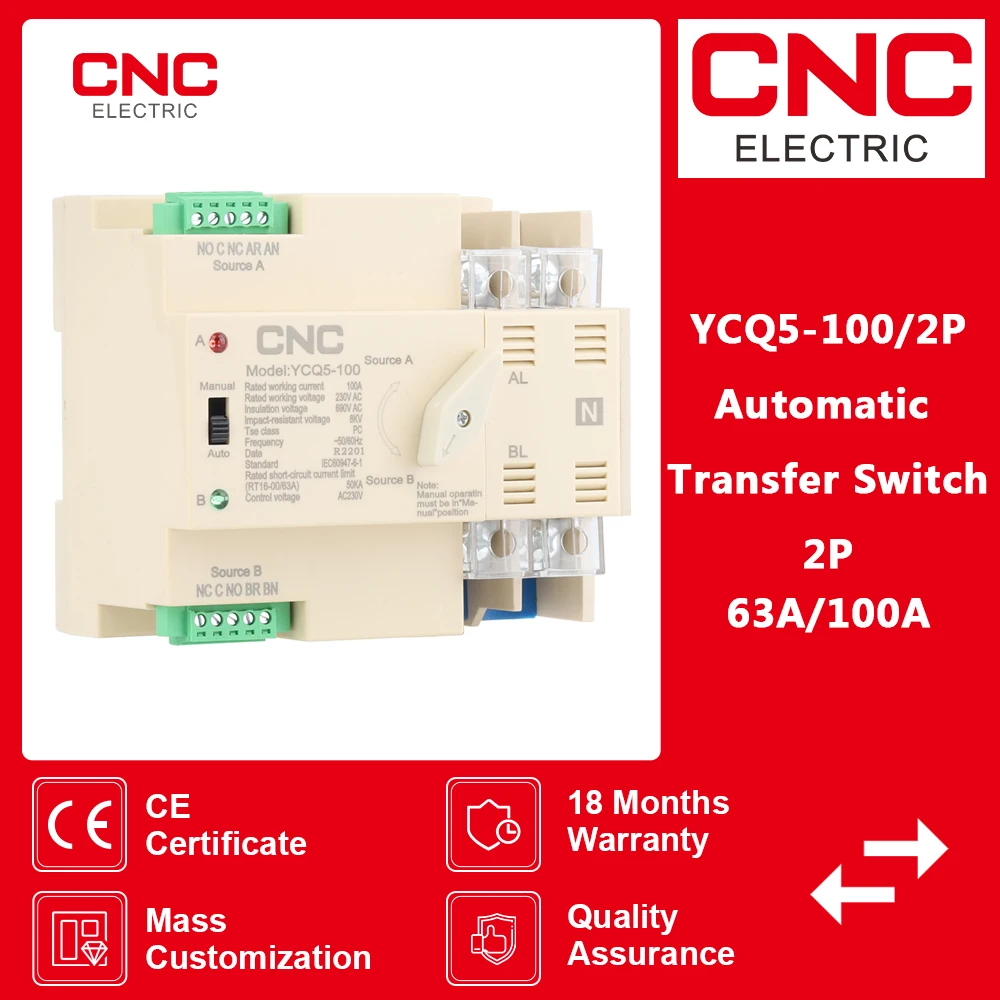 

CNC 2P Din Rail 50/60Hz 63A/100A AC 220V ATS Dual Power Automatic Transfer Switch Uninterrupted Power Controller