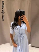 Casual Striped Women Summer Dress Lapel Single Breast Half Sleeve Slim Waist Long Dresses 2025 Autumn Lady Fashion Vacation Robe - Image 2