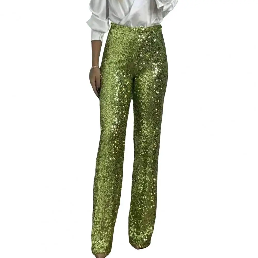 

Solid Color Trousers Sequins High Waist Flared Pants for Women Slim Fit Shining Trousers with Elastic Waistband Solid Color