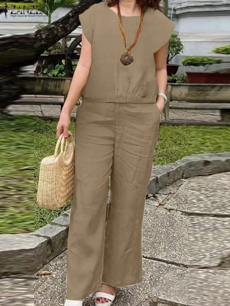 

ZANZEA Woman Casual Street Tracksuit Fashion Solid Suit 2PCS Short Sleeve O-Neck Blouse Pants Elegant OL Office Matching Sets