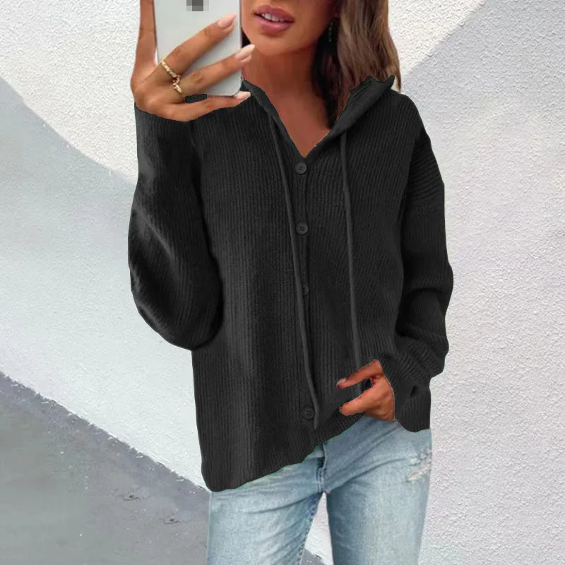 

Women's Sweater 2023 Autumn and Winter Fashion Solid Color New Knitted Hooded Sweater Casual Cardigan Jacket