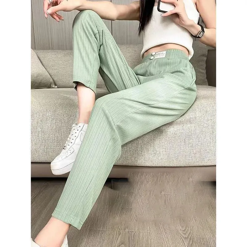 

2024 Summer New Commuter Solid Color Elasticized High-waisted Button Epaulet Thin Loose Casual Harlan Women's Silk Sports Pants