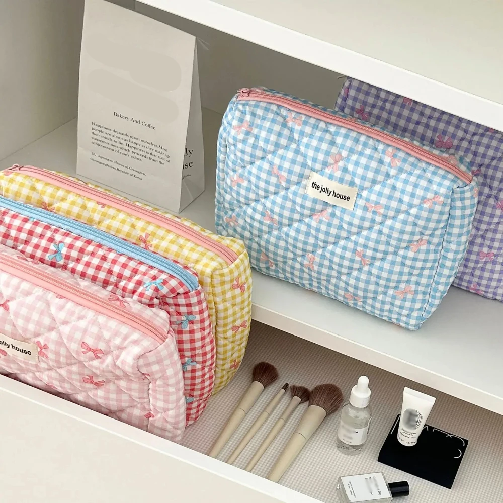 Cute Bow Cotton Makeup Bag Women Zipper Cosmetic Organizer Female Cloth Box Shape Portable Toiletry Case for Girls 3