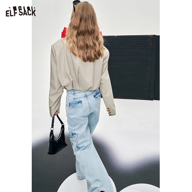 ELFSACK temperament frill cropped blazer coat for women 2024 spring new office style lapel casual style hot girl loose top coat