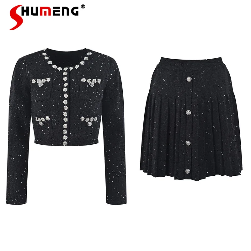 Women's Clothes French-Style Gold Classic Suit Crystal-Studded Sequins Knitted Jacket Pleated kawaii Skirt Two-Piece Set Outfits