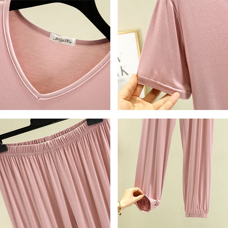 Modal Homewear Pajamas set Short sleeve Tops and Trousers Solid color Casual Loose Sleepwear suit Plus size Nightwear 2pcs women pajamas set women pajama suit cotton pajamas set