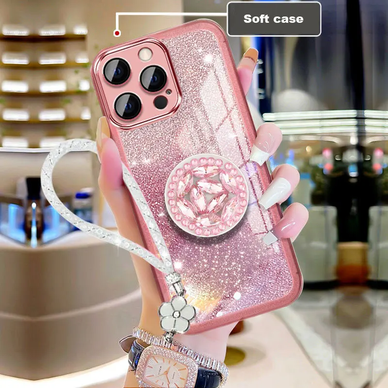 15promax Bling Glitter Lanyard Diamond Holder For iphone 15Plus 14 13 12 11 Pro max 15 Plus Phone Case Silicone Cover_voghion.com