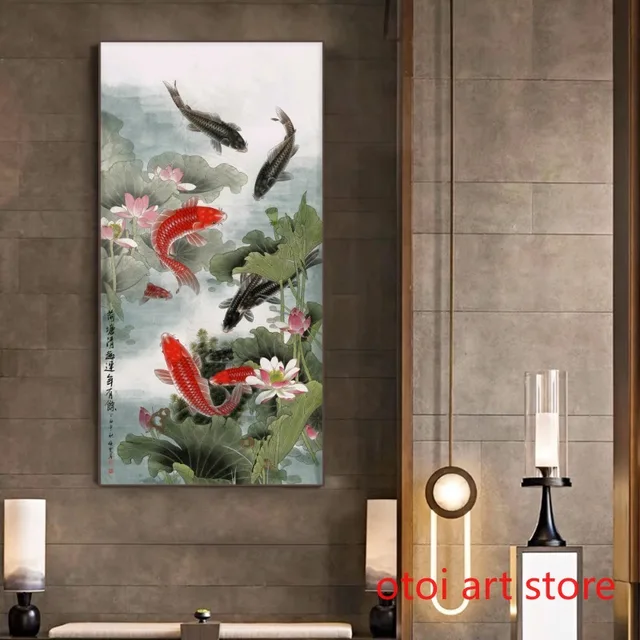 Chinese Traditional Style Lotus Auspicious Nine Koi Fish Feng Shui Art Poster Canvas Painting Wall Print Picture Room Home Decor 2