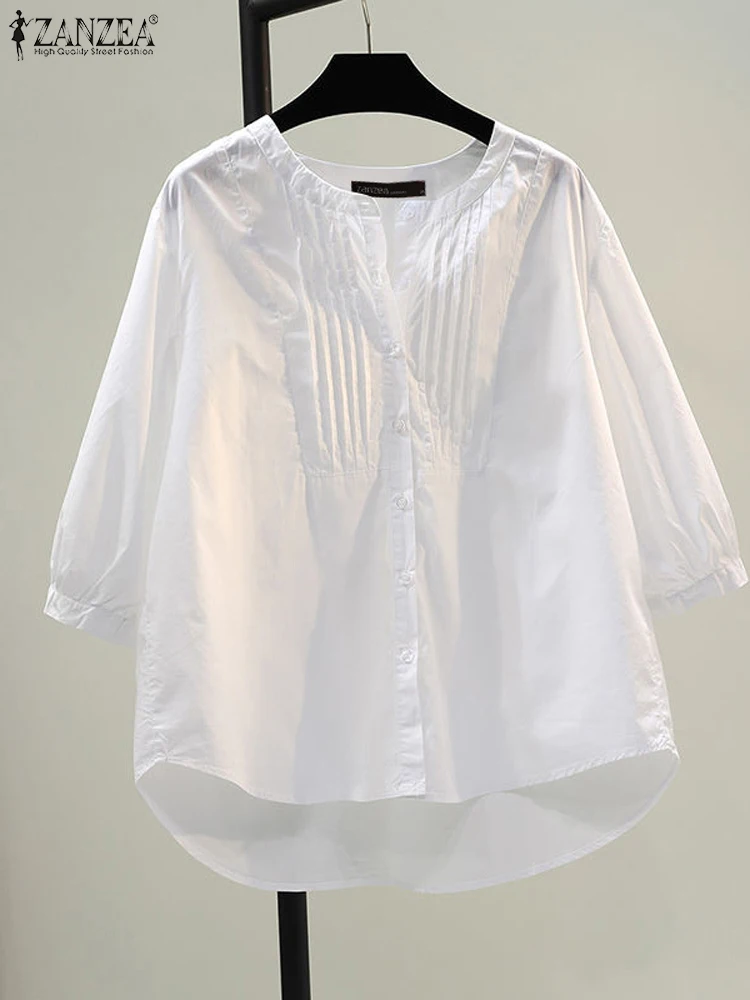 

Винтажная офисная рубашка ZANZEA, блузка с рукавом 3/4 и круглым вырезом, Весенняя модная Однотонная рубашка, повседневная свободная туника, элегантные женские блузы 2024