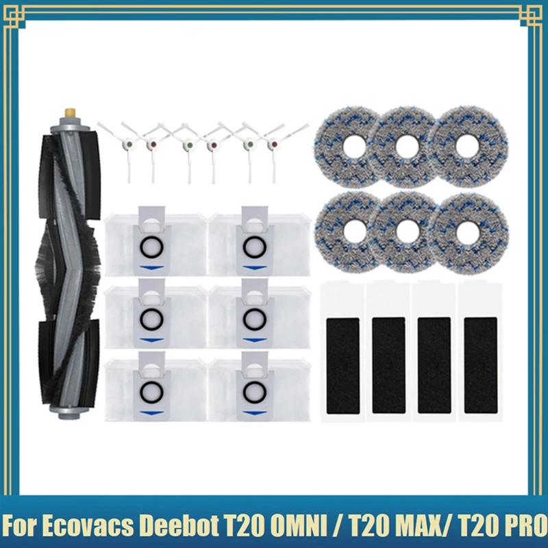 

23PCS For Ecovacs Deebot T20 OMNI / T20 MAX/ T20 PRO Vacuum Cleaner Replacement Main Side Brush Mop Cloth HEPA Filter Dust Bag