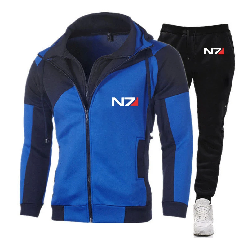 2023 Spring Autumn N7 Mass Effect Logo Print Men's Popular High Quality Multi Zipper Hoodies Patchwork Coat+Casual Sweatpant Set