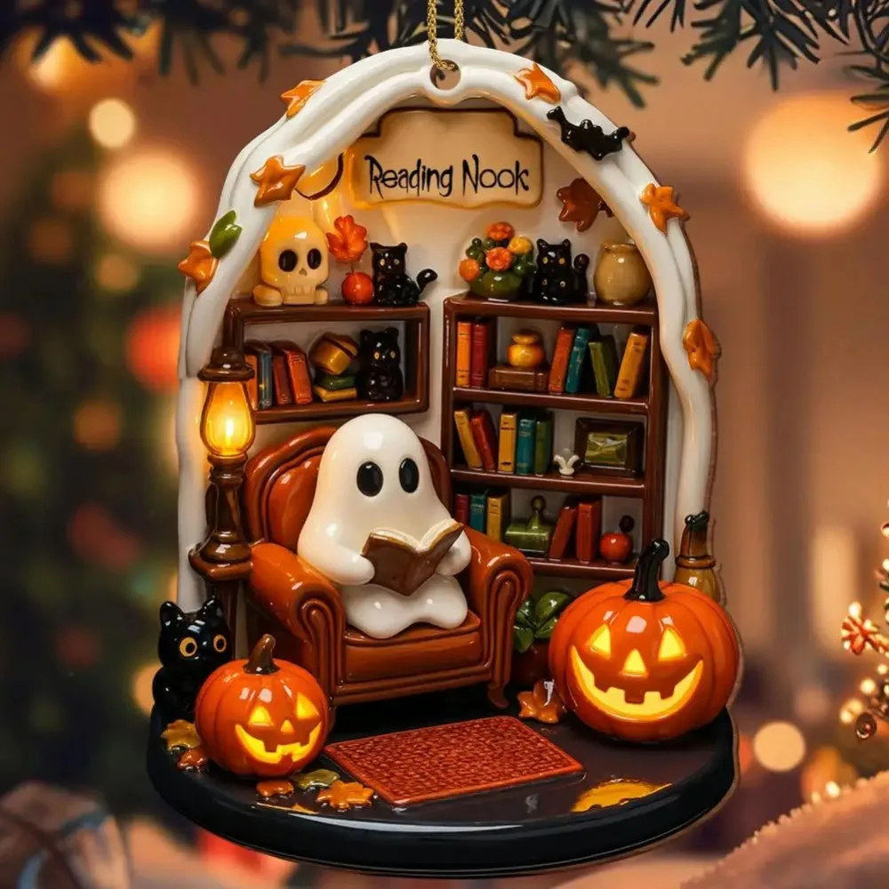 Cute Reading Ghost Halloween Ghost Ornaments 2D Flat Halloween Spooky Decorations Decorative Pendant Party Supplies 1