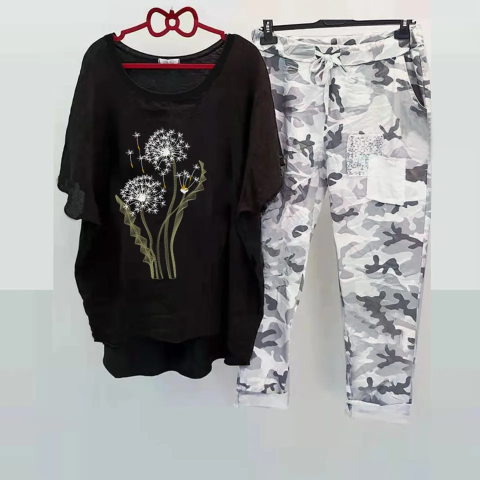 Women Casual Prints Two Piece Outfit with Pockets