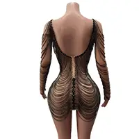 Luxury Rhinestones Chain Short Dress Women Birthday Queen Sexy Outfit Sexy Deep V Neck Costume Nightclub Performance Wanwan 3