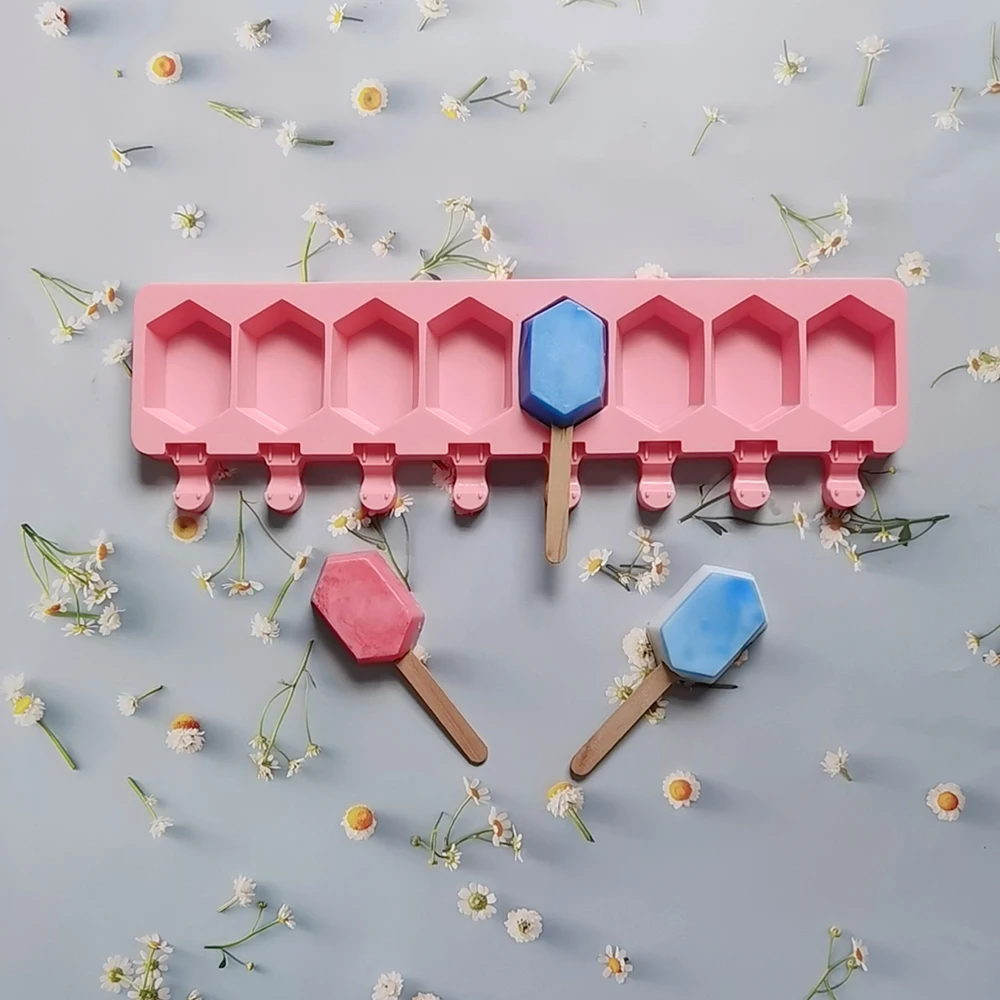 

8 Cavities Hexagon Silicone Ice Cream Mold DIY Gem Shape Chocolate Cake Candy Jelly Ice Baking Mould Soap Candle Making Set Gift